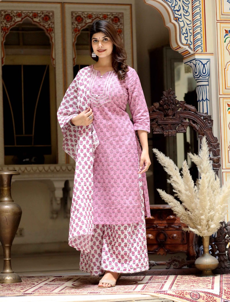 Miravan Women's Pink Cotton Kurta Set for Women - Image 3